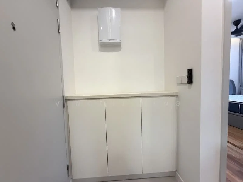 Room features: white painted walls, light wood flooring, built-in cabinetry with white finish, countertop with light surface, wall-mounted boiler, intercom panel, door with peephole; style: modern.