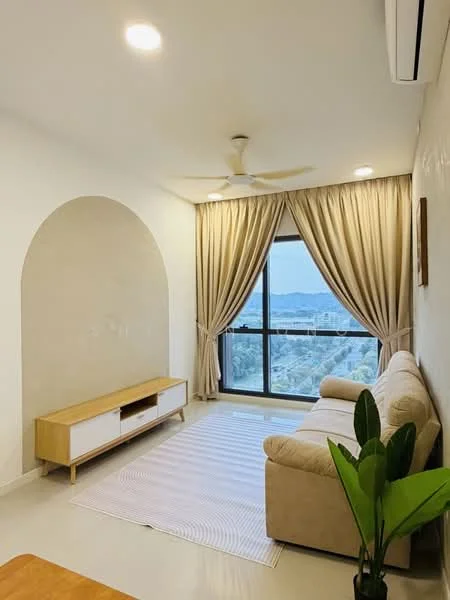 Living features: beige fabric sofa, wooden TV console, floor-to-ceiling windows, sheer curtains, recessed downlights, 5-blade ceiling fan, light-colored walls, light-colored flooring, area rug, indoor plant; style: modern; view: mountain.