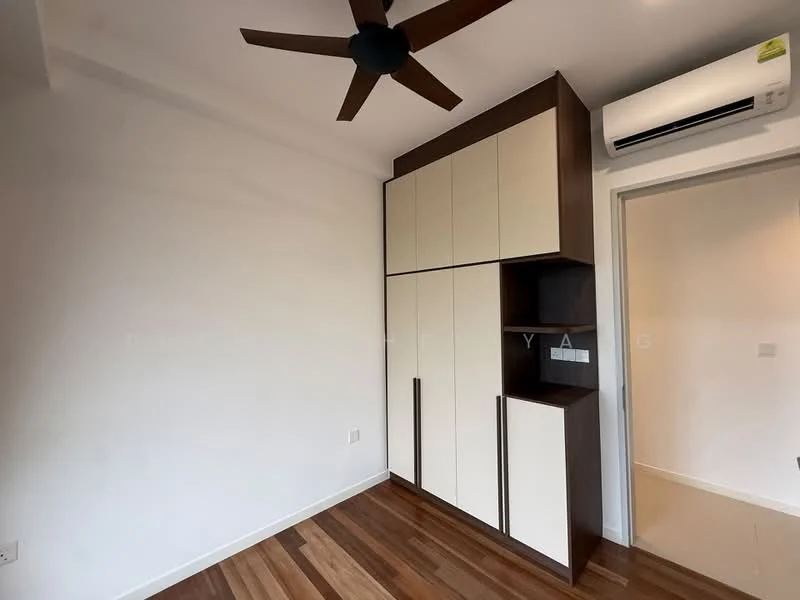 Room features: wooden flooring, white painted walls, 5-blade ceiling fan, wall-mounted split AC, built-in wardrobe with two-tone cabinetry, light brown wood accents, open shelving, neutral color scheme; style: modern.