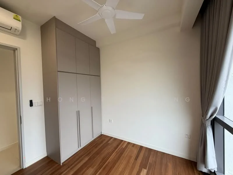 Bedroom features: wooden flooring, white painted walls, built-in wardrobe with grey cabinetry, 5-blade ceiling fan, floor-to-ceiling window with sheer curtains, air conditioning unit on wall; style: modern.