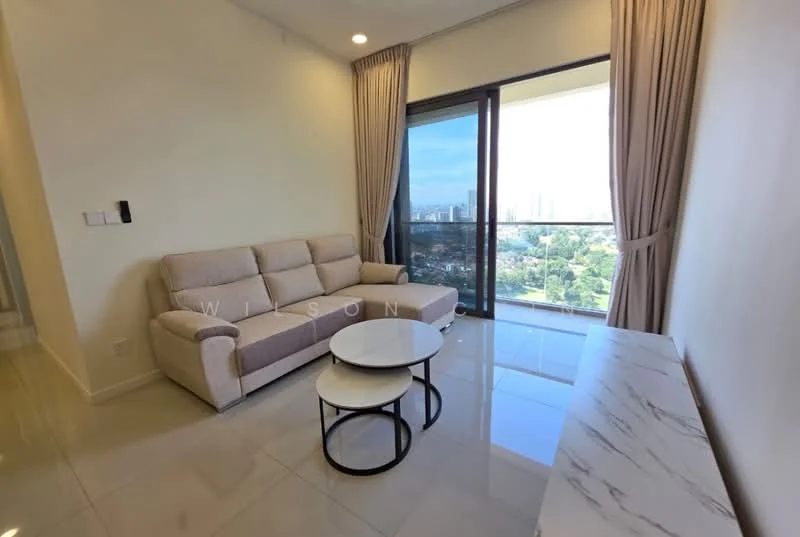 Living features: 3-seater fabric sofa in beige, round coffee table with black base, TV console with marble top, floor-to-ceiling windows, sheer curtains, glossy tile flooring, city view, decorative wall panel, light-colored walls, recessed downlights; style: modern; view: city.