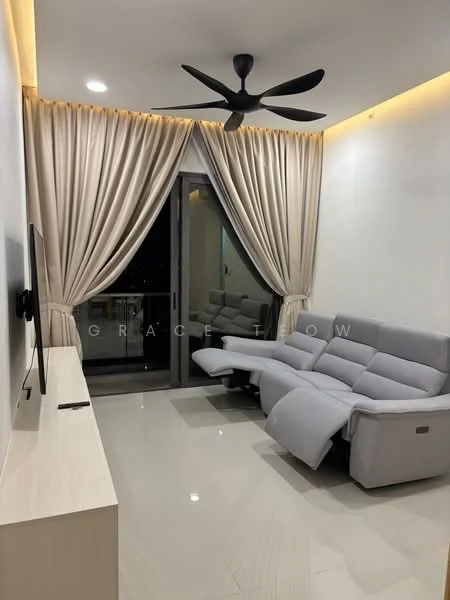 Living features: grey fabric sectional sofa, wall-mounted TV, light-colored TV console, floor-to-ceiling windows, sheer curtains, black ceiling fan with 5 blades, recessed LED lighting, glossy tile flooring, neutral painted walls; style: modern; view: city.