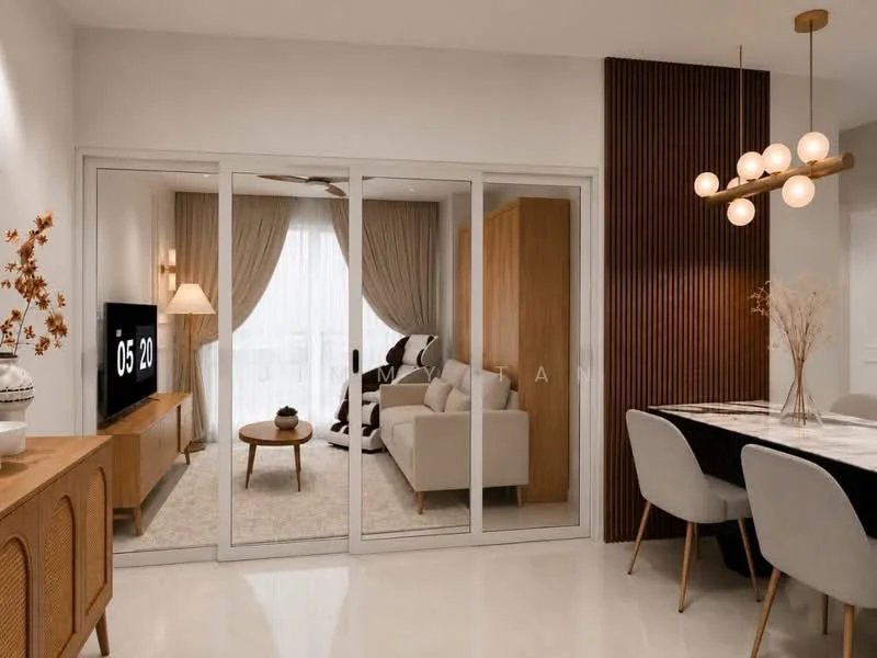 Living features: light grey fabric sofa, wooden coffee table, TV console with wall-mounted TV, area rug with neutral tones, floor-to-ceiling windows with sheer curtains, 5-blade ceiling fan, decorative wall paneling, wall-mounted lighting, decorative plants in ceramic pots; style: modern. Dining features: 6-seater dining table, upholstered dining chairs, pendant light fixture, decorative vase with dried flowers, wooden sideboard, neutral wall color, polished floor tiles; style: modern.