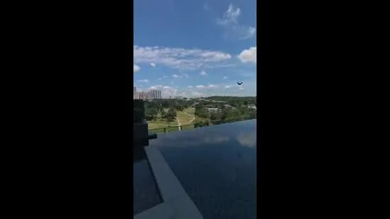 Exterior type: swimming pool deck; features: infinity pool, water surface reflecting sky, landscape view, urban skyline in background, clear blue sky, greenery surrounding pool area; style: modern.
