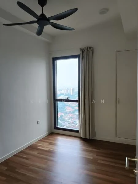 Bedroom features: wooden flooring, white painted walls, floor-to-ceiling window, curtains, ceiling fan, built-in wardrobe, city view; style: modern; view: city.