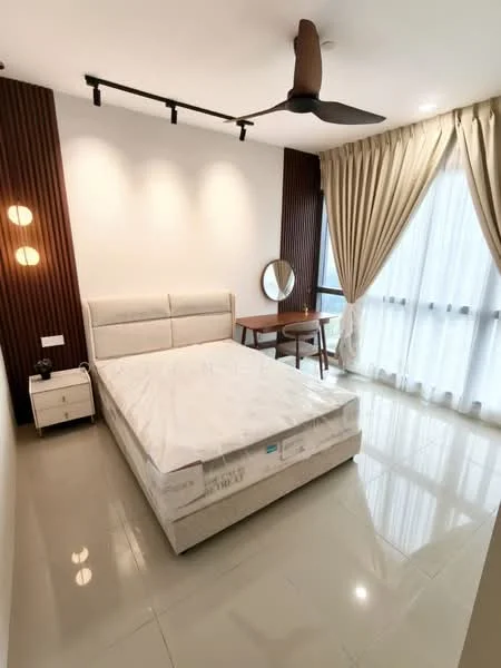 Bedroom features: king-size bed, upholstered headboard, 2 bedside lamps, wooden study desk, round mirror, floor-to-ceiling windows, sheer curtains, cream painted walls, wood accent wall, recessed downlights, 5-blade ceiling fan, glossy tile flooring; style: modern.