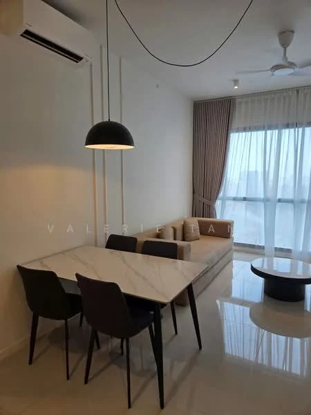Dining features: marble dining table, 4 upholstered dining chairs, floor-to-ceiling windows, sheer curtains, wall-mounted split AC, recessed downlights, light pendant, polished tile flooring; style: modern; view: city. Living features: fabric sofa, coffee table, floor-to-ceiling windows, sheer curtains, polished tile flooring; style: modern; view: city.