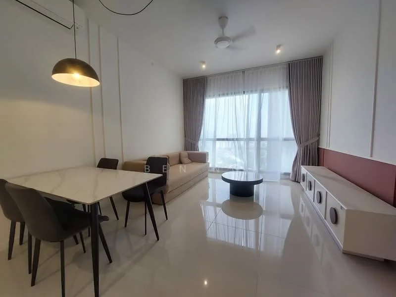 Living features: marble tile flooring, white painted walls, floor-to-ceiling windows, sheer curtains, 3-blade ceiling fan, pendant lamp, beige fabric sofa, round coffee table, TV console with storage, dining table with 4 chairs; style: modern; view: city.