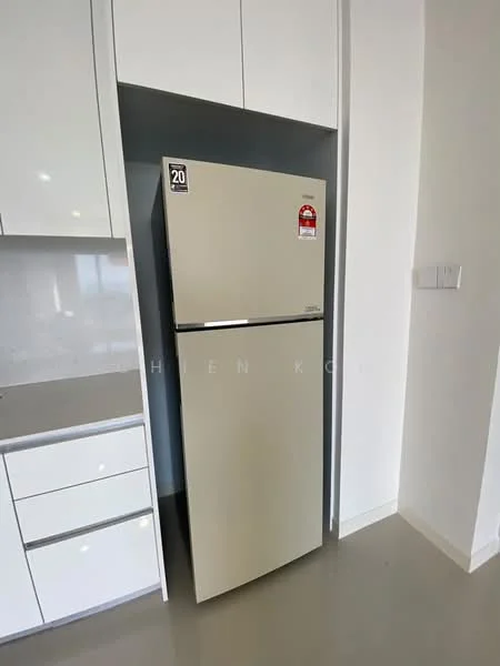 Kitchen features: fridge, white cabinetry, grey countertop, built-in cabinetry, smooth surface flooring, modern design, under-cabinet lighting; style: modern.