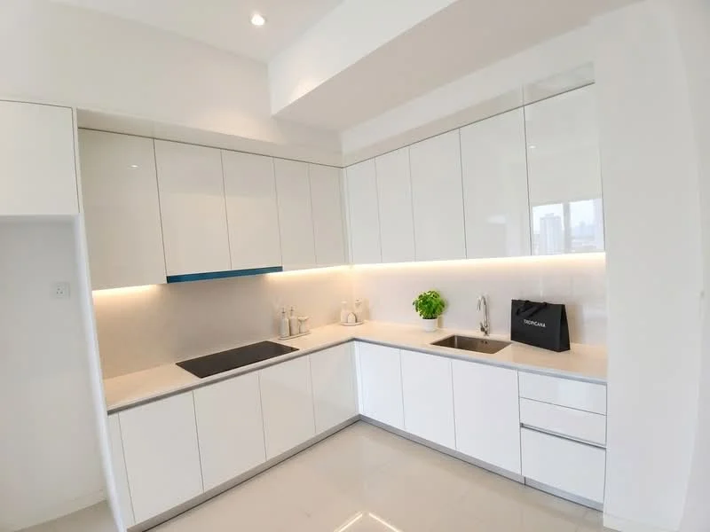 Kitchen features: white glossy cabinetry, blue accent strip on cabinetry, single-bowl stainless-steel sink, chrome pull-down faucet, quartz countertop, backlit countertop, built-in oven, built-in microwave, ceramic tile flooring, recessed downlights, floor-to-ceiling windows, minimalist design, open shelving, decorative plants; style: modern; view: city.