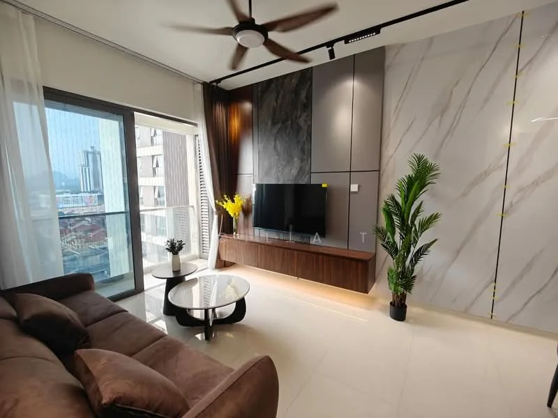 Living features: 3-seater fabric sofa in brown, round coffee table with black top, wall-mounted TV, wooden TV console, decorative plant in pot, floor-to-ceiling windows, curtains, marble accent wall, recessed downlights, ceiling fan with light, light-colored tile flooring; style: modern; view: city.