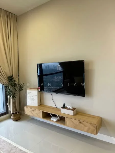 Living features: wall-mounted TV, wooden TV console with storage, cream painted walls, large window with city view, curtains, decorative plant in pot, glossy tile flooring; style: modern; view: city.