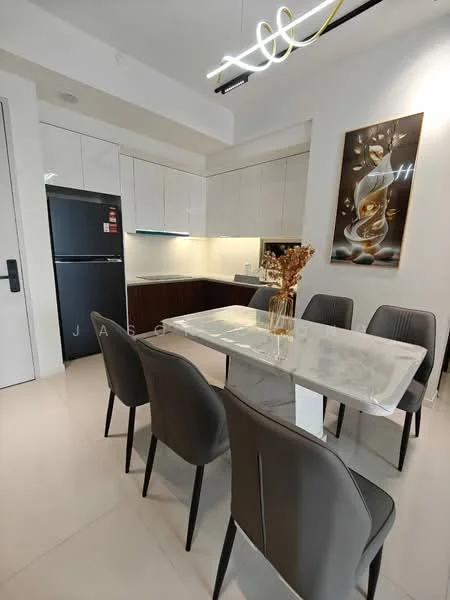 Dining features: marble dining table, 6 upholstered dining chairs, white cabinetry, dark wood cabinetry, stainless-steel fridge, recessed lighting, pendant light fixture, neutral tile flooring, decorative wall art, glass vase with dried flowers; style: modern. Kitchen features: white cabinetry, dark wood cabinetry, stainless-steel fridge, built-in countertop, recessed lighting, neutral tile flooring; style: modern.