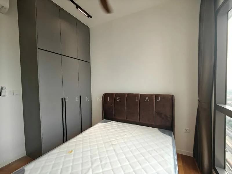 Bedroom features: queen-size bed, upholstered headboard, built-in wardrobe with grey doors, wooden flooring, floor-to-ceiling window, curtains, ceiling fan, wall-mounted air conditioning unit; style: modern; view: city.