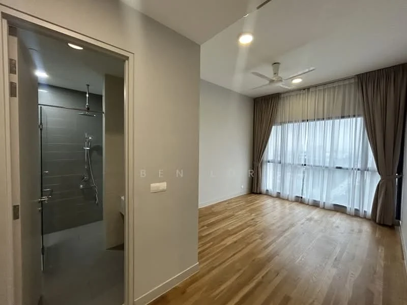 Room features: wooden flooring, large floor-to-ceiling windows, sheer curtains, ceiling fan, neutral wall color, open layout, glass shower enclosure, modern bathroom fixtures; style: modern; view: city.