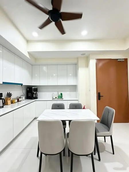 Dining features: white cabinetry, marble dining table, 4 upholstered dining chairs in grey and white, recessed LED downlights, 5-blade ceiling fan, white tiled flooring, black countertop, built-in microwave, kettle, dishwasher, sink, white walls, door to hallway; style: modern.