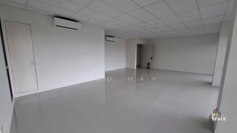 Room features: white painted walls, polished ceramic tile flooring, dropped ceiling, 2 wall-mounted split ACs, no visible furniture or decor, neutral color scheme, large open space, fire extinguisher on floor; style: modern.