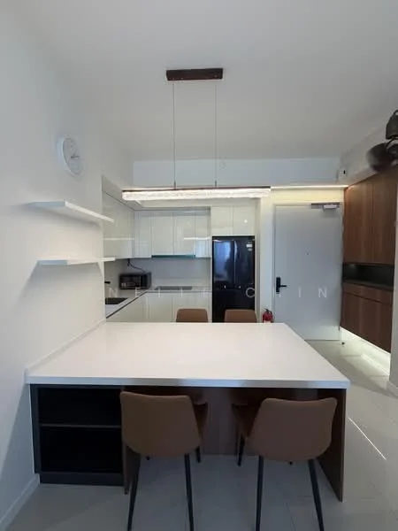 Kitchen features: white cabinetry, black refrigerator, white countertop, kitchen island with seating, pendant lighting above island, built-in oven, ceramic tile flooring, wall-mounted clock, open shelving, black backsplash, stainless-steel sink, chrome faucet; style: modern.