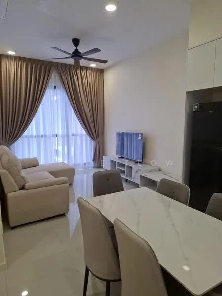 Living features: 3-seater fabric sofa in beige, ceiling fan with light, wall-mounted TV, TV console, marble dining table, upholstered dining chairs, floor-to-ceiling windows, sheer curtains, glossy tile flooring, recessed downlights; style: modern.