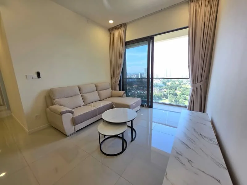 Living features: 3-seater fabric sofa in light beige, round coffee table with black metal base, large floor-to-ceiling windows, curtains in light beige, white painted walls, glossy ceramic tile flooring, city view visible through windows, recessed ceiling lights; style: modern; view: city.