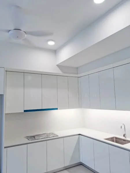 Kitchen features: white cabinetry, marble countertop, single-bowl stainless-steel sink, chrome pull-down faucet, built-in stove, recessed LED downlights, 5-blade ceiling fan, white walls, grey tile flooring; style: modern.