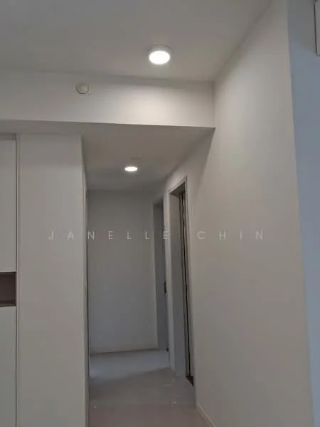 Hallway features: white painted walls, recessed LED downlights, tile flooring, doorway leading to another room, neutral color scheme; style: modern.