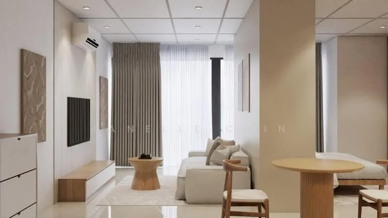 Living features: light-colored walls, recessed downlights, floor-to-ceiling windows, sheer curtains, TV mounted on wall, wooden TV console, round wooden coffee table, 2 wooden chairs, sofa with cushions, air conditioning unit, glossy tile flooring; style: modern.
