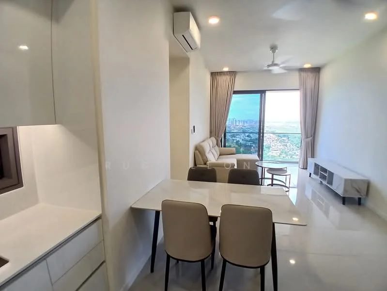 Living features: white painted walls, marble tile flooring, 5-blade ceiling fan with light, floor-to-ceiling windows, beige fabric sofa, dining table with 4 chairs, TV console, curtains, city view; style: modern; view: city. Kitchen features: white cabinetry, white countertop, built-in sink, stainless-steel appliances, open layout; style: modern.