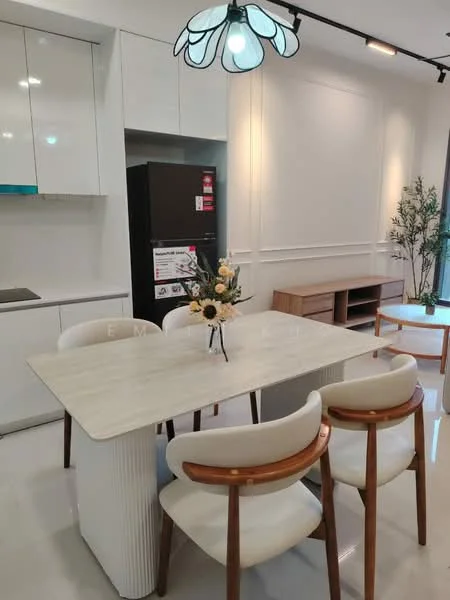 Dining features: marble dining table, 4 upholstered dining chairs with wooden legs, white cabinetry, black refrigerator, built-in kitchen cabinetry, recessed downlights, pendant light fixture with floral design, decorative vase with flowers, open shelving, wooden TV console; style: modern.