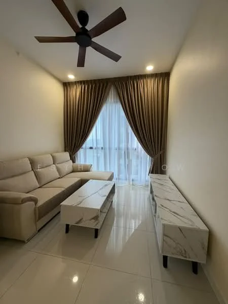 Living features: 3-seater fabric sofa in beige, marble coffee table, TV console with marble top, floor-to-ceiling windows, sheer curtains, heavy drapes, ceiling fan with 5 blades, glossy tile flooring, neutral painted walls; style: modern; view: city.