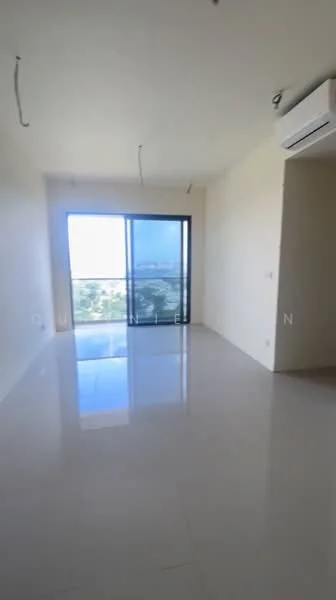 Living features: white painted walls, glossy tile flooring, floor-to-ceiling windows, sliding glass door, air conditioning unit, natural light, view of city skyline; style: modern; view: city.