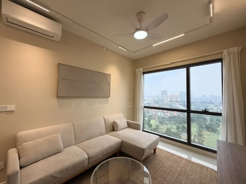 Living features: 3-seater fabric sofa in light grey, round glass coffee table, floor-to-ceiling windows, white sheer curtains, 1 wall-mounted split AC, 5-blade ceiling fan with integrated LED light, light beige painted walls, area rug with natural fibers; style: modern; view: city.