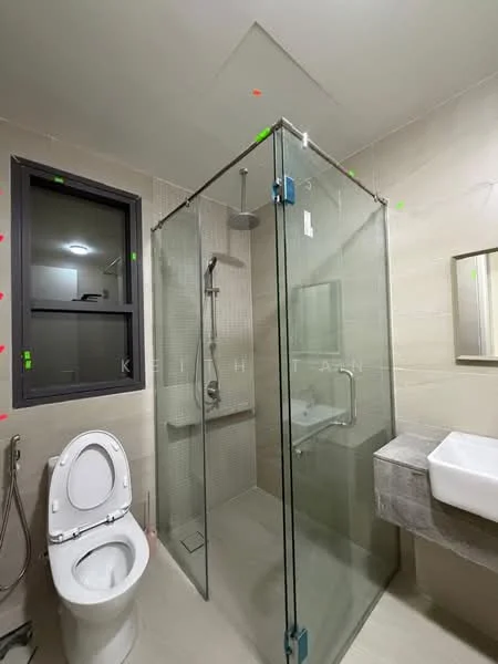 Bathroom features: walk-in shower with glass enclosure, chrome handheld shower, rain shower head, single-sink vanity with stone countertop, framed mirror, one-piece toilet, grey tile flooring, white walls, window with black frame; style: modern.
