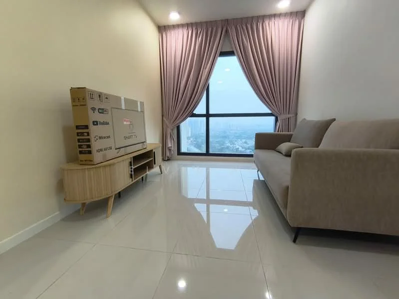Living features: light beige fabric sofa, wooden TV console, large flat-screen TV box, floor-to-ceiling windows, pink curtains, glossy white tile flooring, recessed downlights, city view; style: modern; view: city.