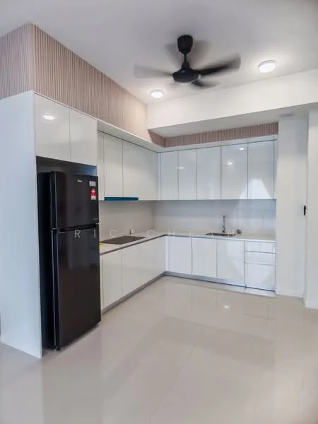 Kitchen features: white glossy cabinetry, black refrigerator, stainless-steel sink, chrome pull-down faucet, white countertop, ceramic tile flooring, recessed downlights, ceiling fan, wall-mounted cabinets, open shelving, built-in oven, 4-burner gas hob; style: modern.