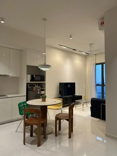 Dining features: round dining table, wooden dining chairs, green plastic chair, pendant light, white painted walls, glossy tile flooring, refrigerator, built-in kitchen cabinetry, black television, sofa, floor-to-ceiling windows, curtains, recessed ceiling lights; style: modern; view: city.