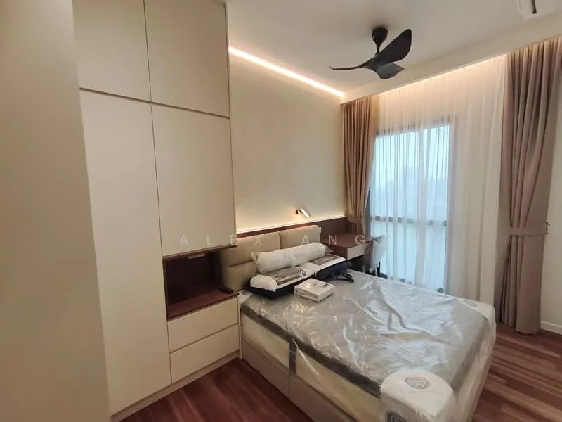 Bedroom features: queen-size bed, upholstered headboard, bedside lamps, built-in wardrobe with sliding doors, wooden flooring, floor-to-ceiling window with sheer curtains, recessed LED lighting, ceiling fan with light; style: modern; view: city.