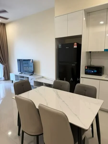 Dining features: 6-seater dining table with marble top, upholstered dining chairs in grey, white cabinetry, black fridge, built-in microwave, wall-mounted TV, light-colored walls, large windows with curtains, polished tile flooring, ceiling fan, recessed lighting; style: modern.