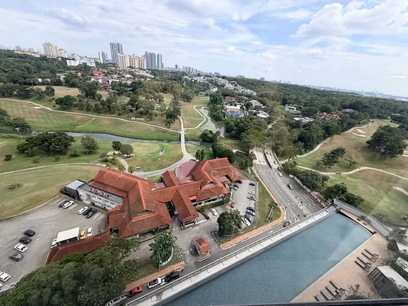 Exterior features: landscape garden, manicured lawn, paved walkway, swimming pool, surrounded by greenery, view of city skyline, multi-storey buildings in background, roadway visible; style: modern.