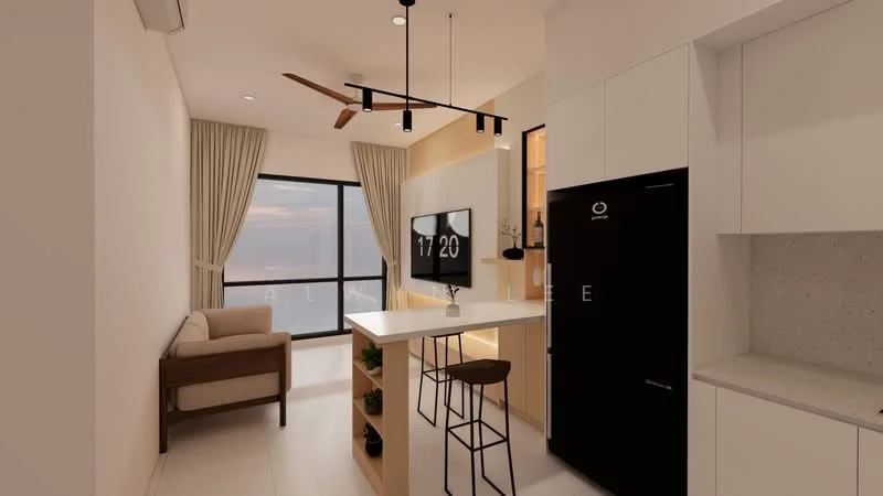 Kitchen features: white painted walls, light-colored flooring, recessed downlights, 5-blade ceiling fan with light, black refrigerator, TV mounted on wall, kitchen island with seating, bar stools, open shelving, decorative plants, window with city view, curtains, light wood cabinetry, countertop with light grey finish; style: modern; view: city.