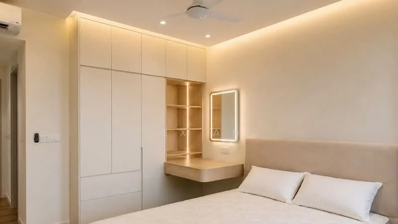 Bedroom features: king-size bed with upholstered headboard, built-in wardrobe with sliding doors, wall-mounted mirror with LED backlighting, wooden flooring, recessed ceiling lights, ceiling fan, neutral painted walls, desk area with built-in shelving; style: modern.