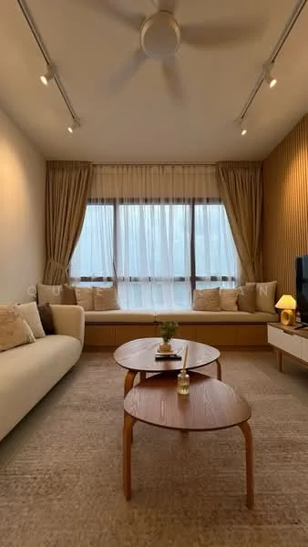 Living features: 3-seater fabric sofa in cream, 2-seater fabric sofa in cream, wooden coffee table with round top, area rug with neutral color, floor-to-ceiling windows, sheer curtains, wood panel accent wall, recessed downlights, ceiling fan, decorative cushions, side table with lamp; style: modern; view: city.