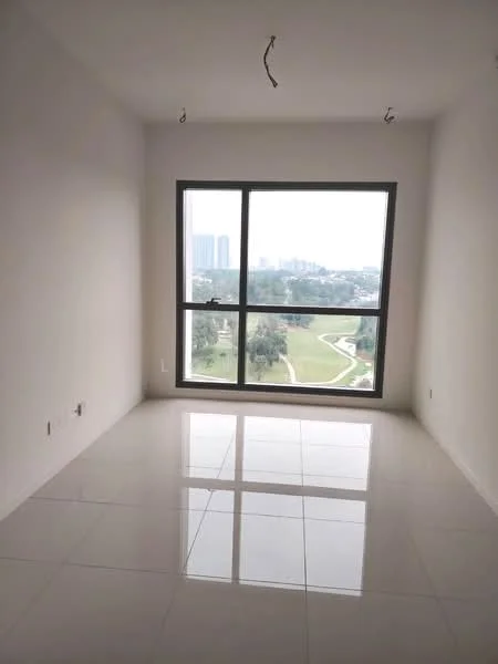 Room features: white painted walls, glossy white tile flooring, large floor-to-ceiling window, city view, no visible ceiling fixtures, empty room; style: modern; view: city.