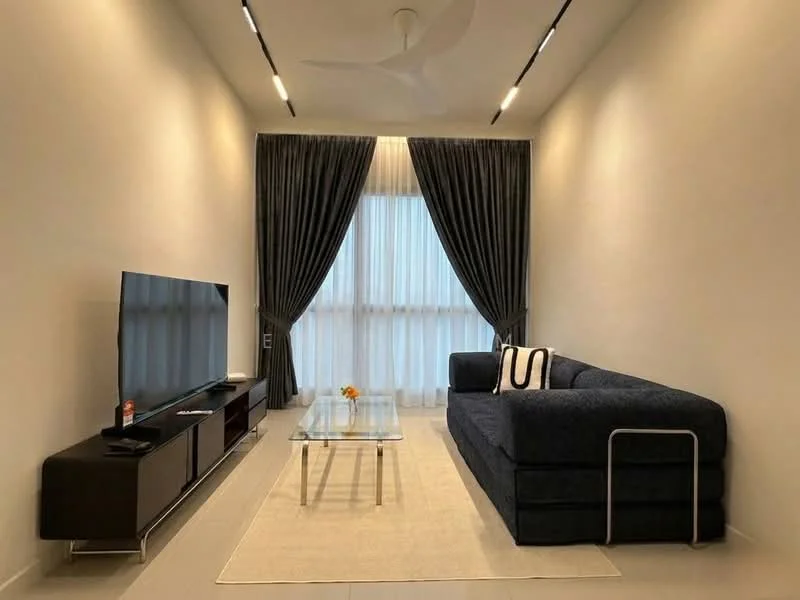 Living features: 3-seater fabric sofa in navy blue, glass coffee table, TV console in dark wood, wall-mounted flat-screen TV, floor-to-ceiling windows, sheer curtains, dark grey curtains, recessed LED downlights, ceiling fan with light, light-coloured wall, light-coloured flooring, area rug in neutral tone; style: modern.