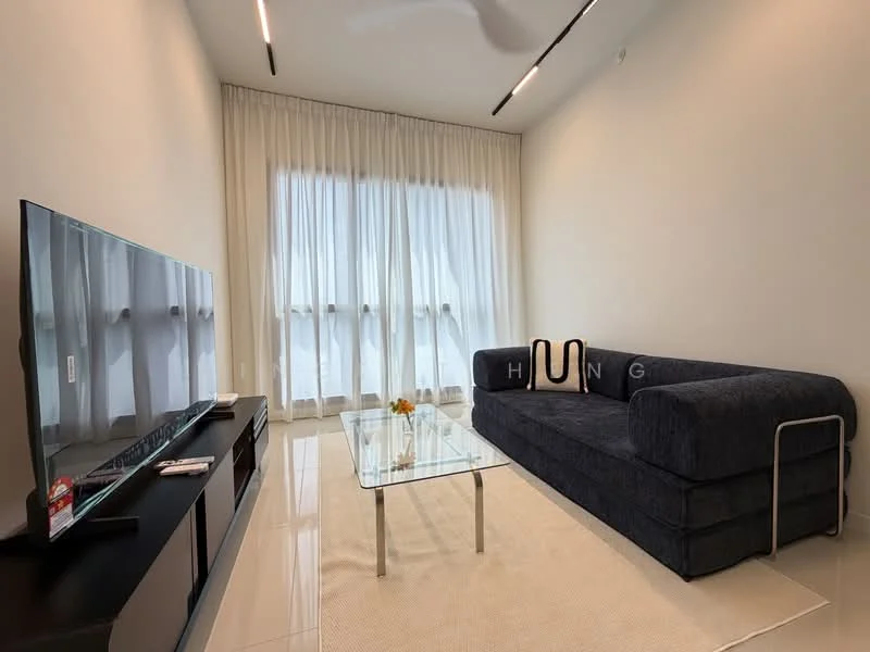 Living features: dark blue fabric sofa, glass coffee table, black TV console, wall-mounted TV, white walls, large windows with sheer curtains, recessed ceiling lights, polished tile flooring, area rug; style: modern.