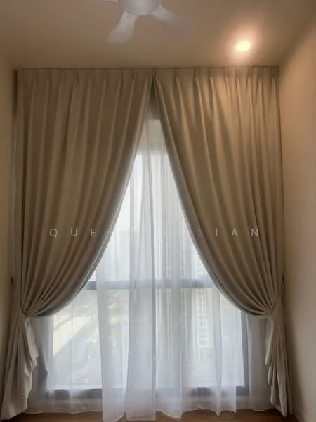 Room features: floor-to-ceiling windows, sheer curtains, heavy drapes, wooden flooring, ceiling fan, recessed lighting; style: modern; view: city.