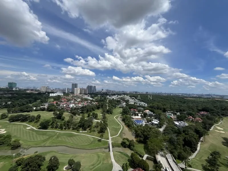 Exterior features: city skyline in background, lush green golf course, manicured lawns, residential buildings, tropical landscaping, blue sky with clouds; style: contemporary.
