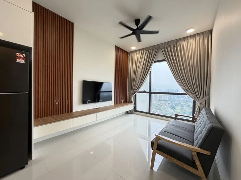 Living features: grey fabric sofa, wooden armchair, wall-mounted TV, white TV console, wooden feature wall, floor-to-ceiling windows, sheer curtains, recessed downlights, ceiling fan with light, glossy tile flooring; style: modern; view: city.