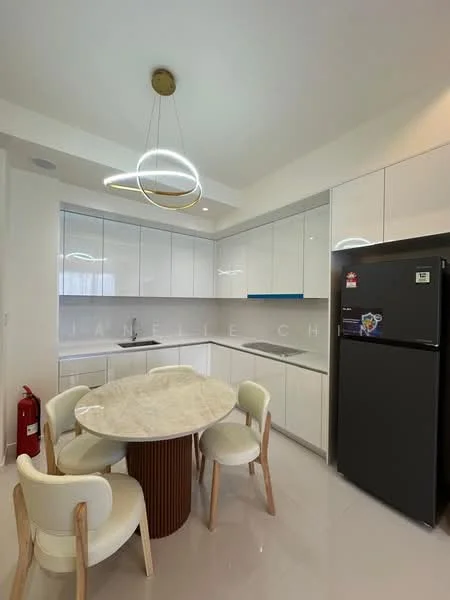 Kitchen features: white glossy cabinetry, marble countertop, stainless-steel fridge, built-in sink, chrome faucet, round dining table with marble top, 4 upholstered dining chairs, pendant light fixture, white tiled backsplash, grey tiled flooring; style: modern.