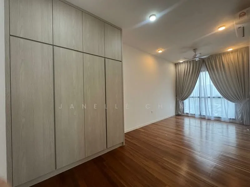 Living features: wooden flooring, light grey feature wall, built-in wardrobe with wood finish, floor-to-ceiling windows, sheer curtains, recessed downlights, ceiling fan, balcony access; style: modern.